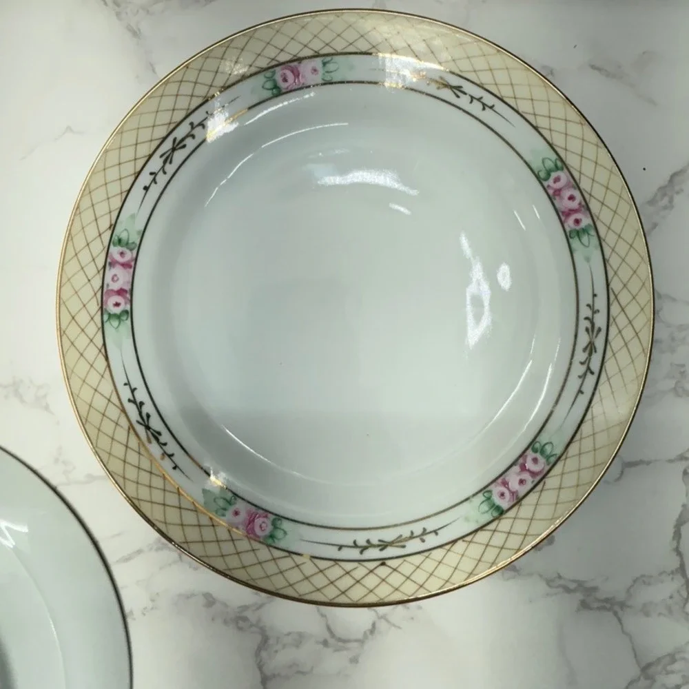 Vintage Nippon‎ Hand Painted Rose Lattice Porcelain Salad Plates 5 Gold Gilding